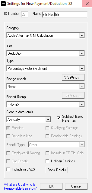 Settings for new payment/deduction screen fields